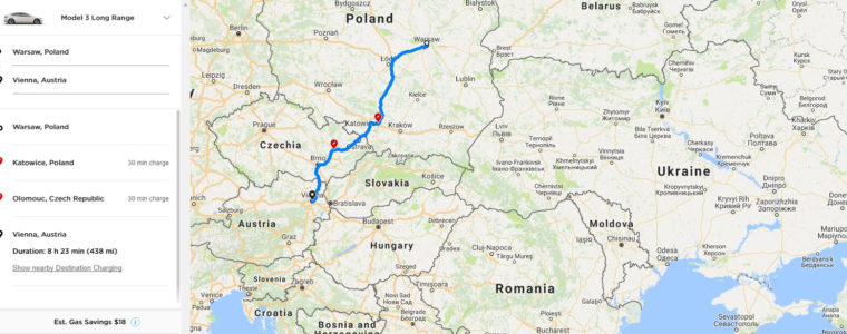 Приклад побудованого марштуру подорожі від Варшави до Відня