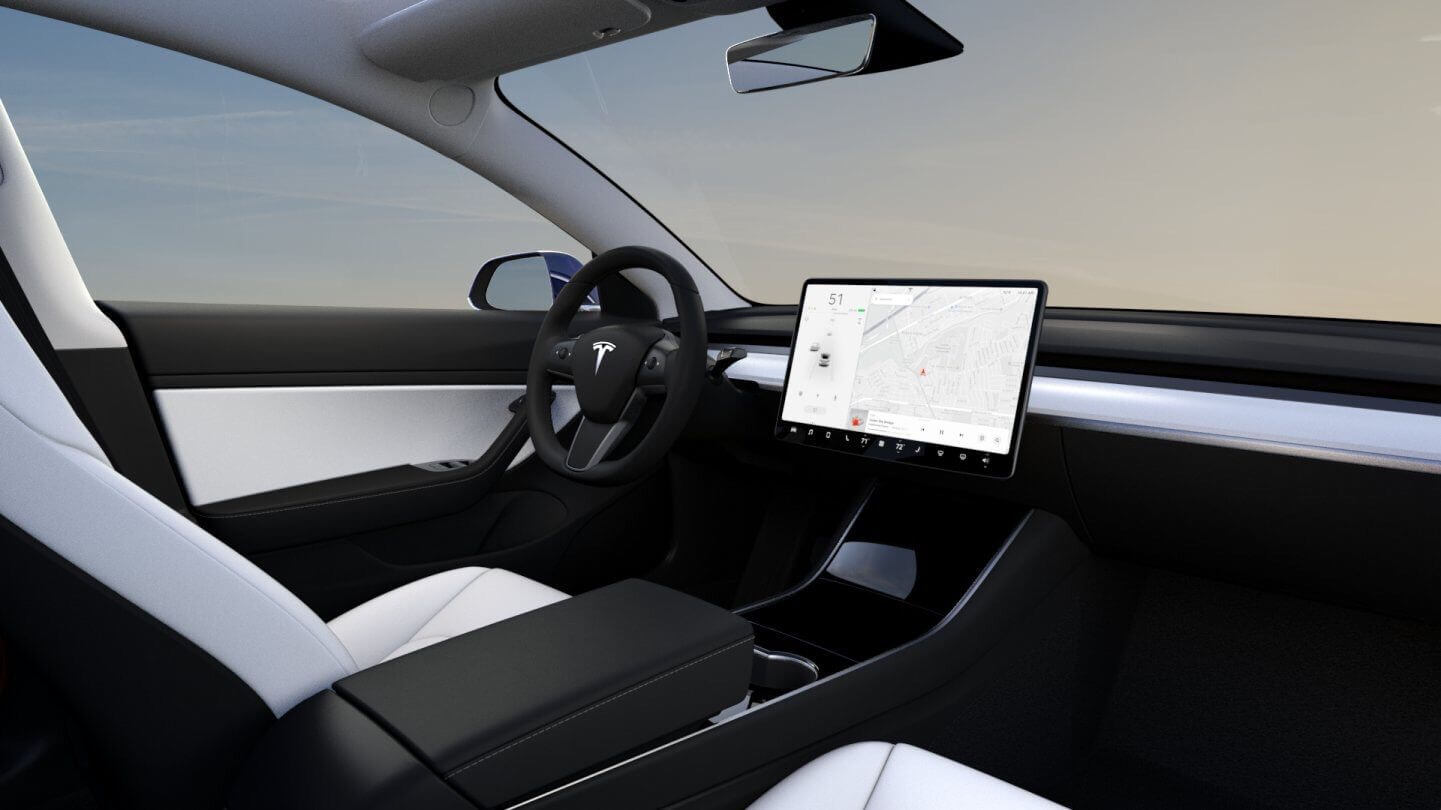 Варіант білого оздоблення інтер’єру Tesla Model 3 Performance Варіант білого оздоблення інтер’єру Tesla Model 3 Performance